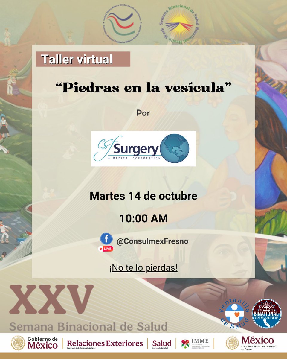 Consulmex Fresno (@consulmexfresno) on Twitter photo 🩺Estas son las actividades que tenemos este martes 14 de octubre como parte de la Semana Binacional de Salud #SBS2025 . 📋Asiste a las mesas informativas en #TuConsulado y 📲sigue la transmisión en vivo de nuestro taller virtual "Piedras en la vesícula" por nuestro Facebook. 🩺Estas son las actividades que tenemos este martes 14 de octubre como parte de la Semana Binacional de Salud #SBS2025 . 📋Asiste a las mesas informativas en #TuConsulado y 📲sigue la transmisión en vivo de nuestro taller virtual "Piedras en la vesícula" por nuestro Facebook.