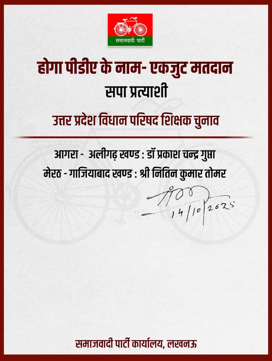 समाजवादी पार्टी ने उत्तर प्रदेश विधान परिषद शिक्षक निर्वाचन की दो सीटों से घोषित किए प्रत्याशी। आगरा-अलीगढ़ खंड से डॉक्टर चंद्र प्रकाश गुप्ता और मेरठ-गाजियाबाद खंड से नितिन कुमार तोमर बनाए गए प्रत्याशी