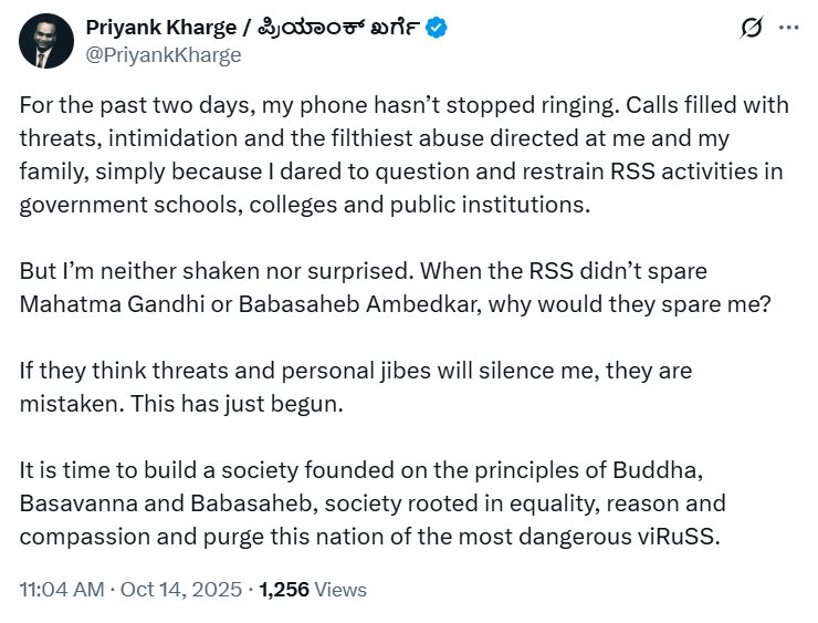 BesuraTaansane's tweet image. Purge the nation of RSS says Priyank Kharge, equates RSS to a virus
Drag him to the court @RSSorg & don’t let him get away with an apology