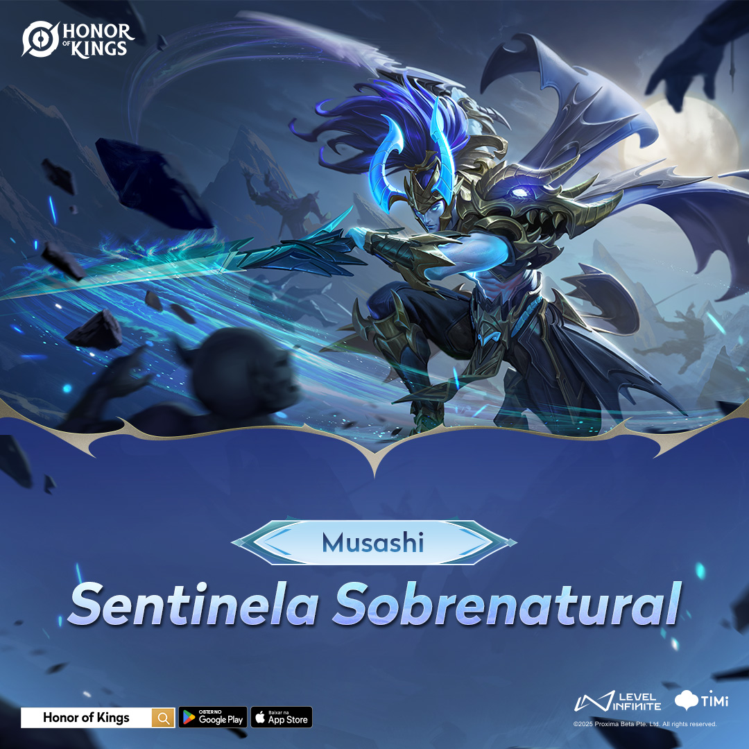 🚀 Musashi - Sentinela sobrenatural chegará em 17 de outubro! 
Obtenha este visual através do Desejo Estelar.
🎫 Não se esqueça de garantir seus 5 vouchers gratuitos do Desejo Estelar completando primeiro as tarefas do evento! 

#HonorofKings #HOK #NovoVisual #Musashi