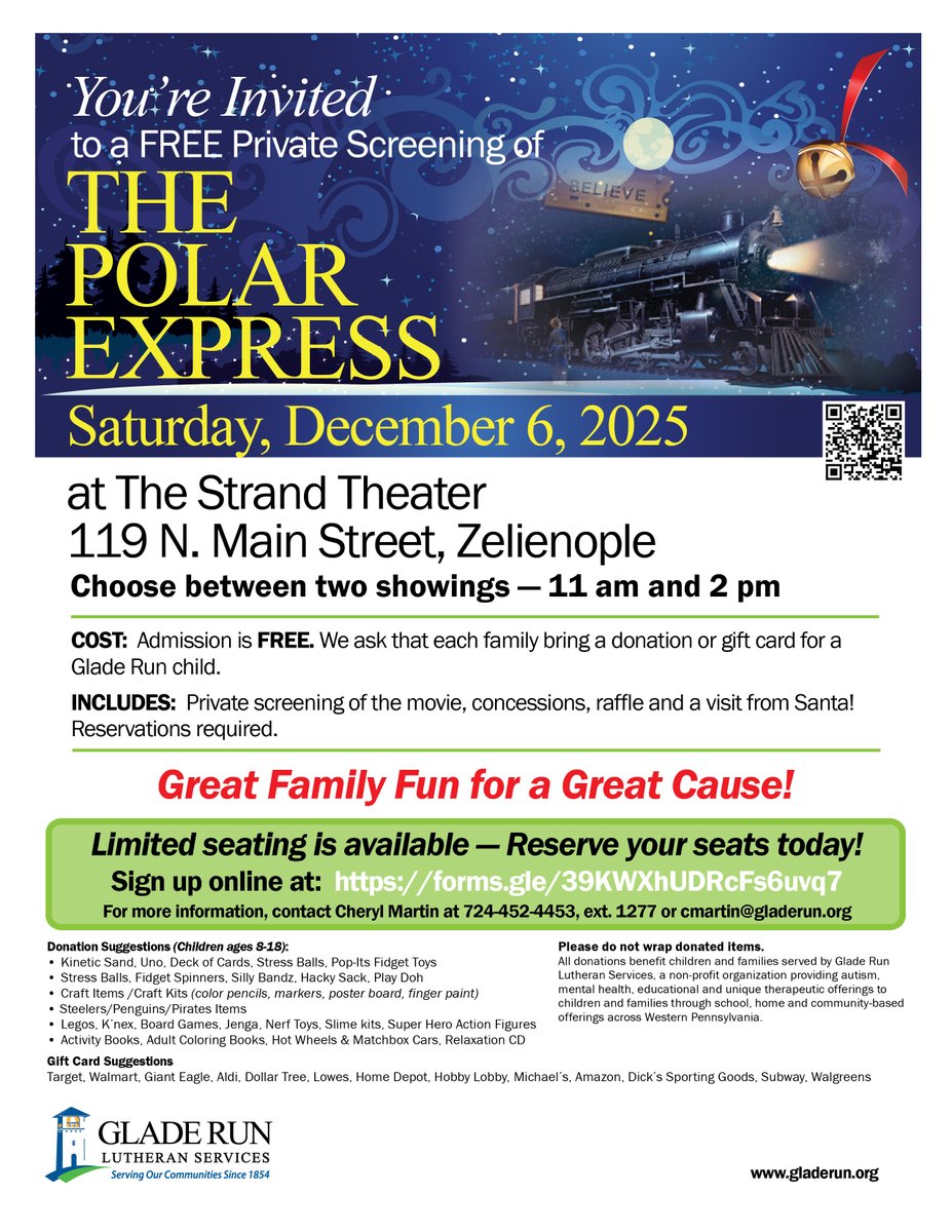 gladerun's tweet photo. Join us for our annual Polar Express event on Saturday, December 6, 2025 at the historic Strand Theater in Zelienople. Reserve your seats today at https://t.co/Zrzt71KocV https://t.co/qYOUhx71yQ