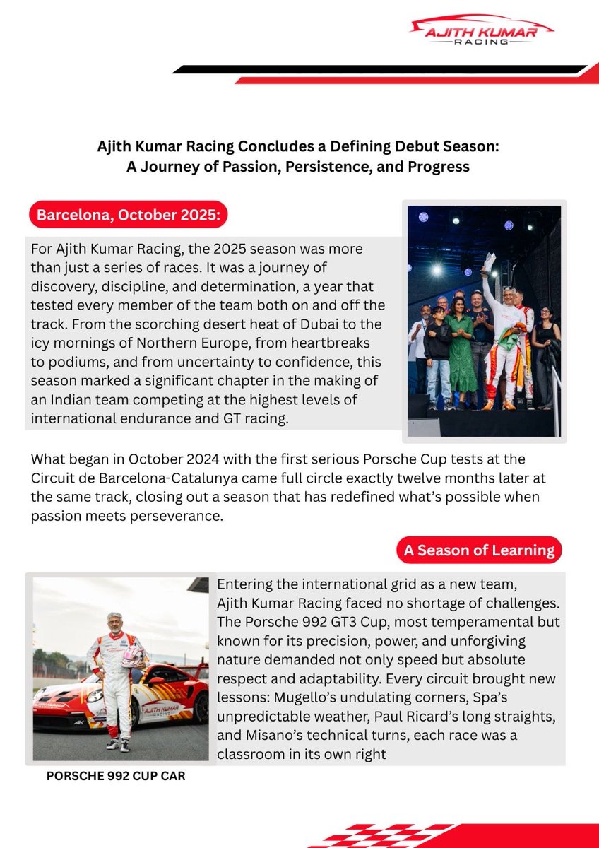 SureshChandraa's tweet image. Ajith Kumar Racing Concludes a Defining Debut Season: A Journey of Passion, Persistence, and Progress. A thank you note.