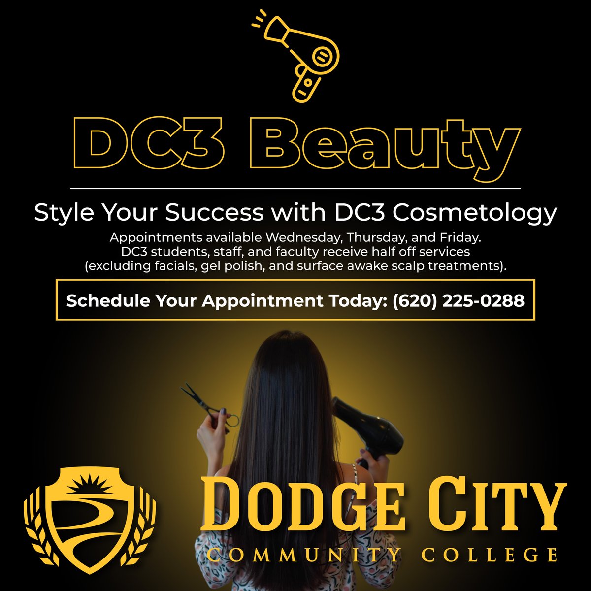 Ready for a fresh look or a stunning up style? DC3 Cosmetology students are now booking appointments Wednesday through Friday! Whether you're prepping for a special event or just need a little glam, our talented team has you covered. Schedule your appointment today!