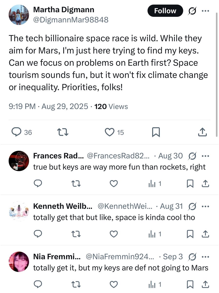 mikusingularity's tweet image. Dead internet theory is real.
Here are some spambots regurgitating anti-space rhetoric.