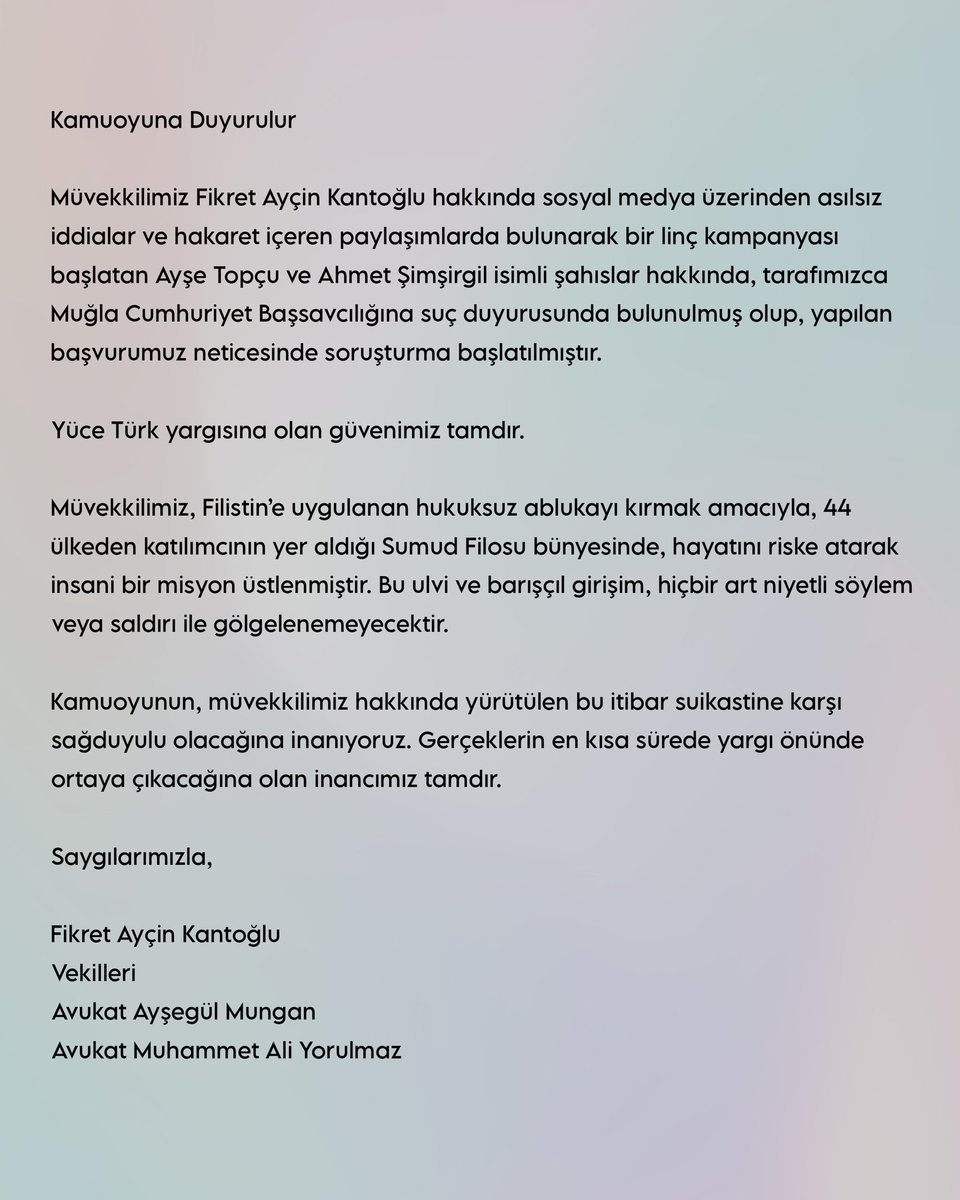 Hakkımda asılsız iddialarda  bulunanlarla , iftiralar atanlarla hukuk önünde hesaplaşmaya devam edeceğim; başlangıç bu olsun.  
Adalete güveniyorum, eninde sonunda hak tecelli edecektir.