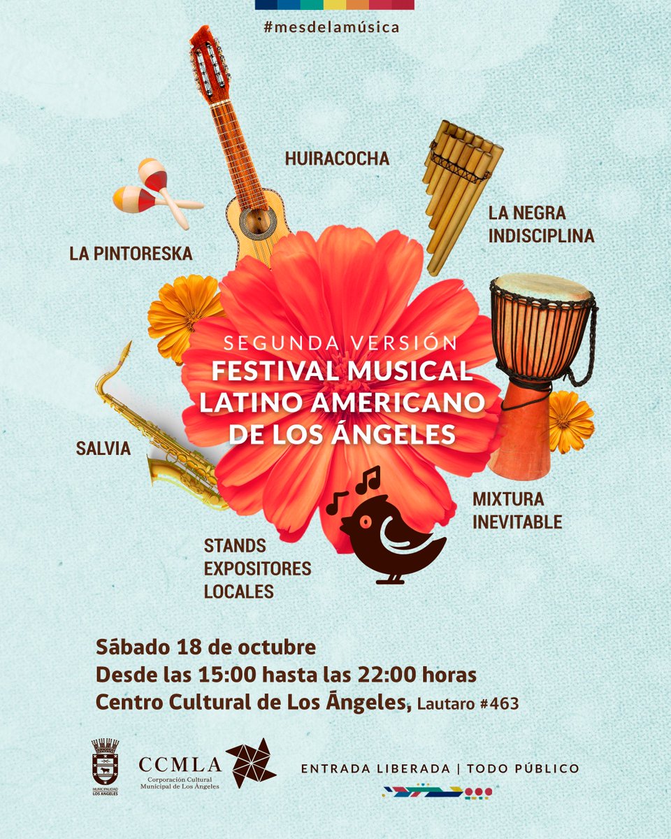 ccmlosangeles's tweet photo. 🎶✨ ¡Te invitamos al Festival Musical Latinoamericano de Los Ángeles 🎤🌺
📅 Sábado 18 de octubre | 🕒 15:00 a 22:00 hrs
📍 Centro Cultural Municipal de Los Ángeles (Lautaro 463)

🎵 Bandas, arte, stands y mucha cultura 🌿
🎟️ Entrada liberada — ¡No te lo pierdas! https://t.co/fW72TxlXwC