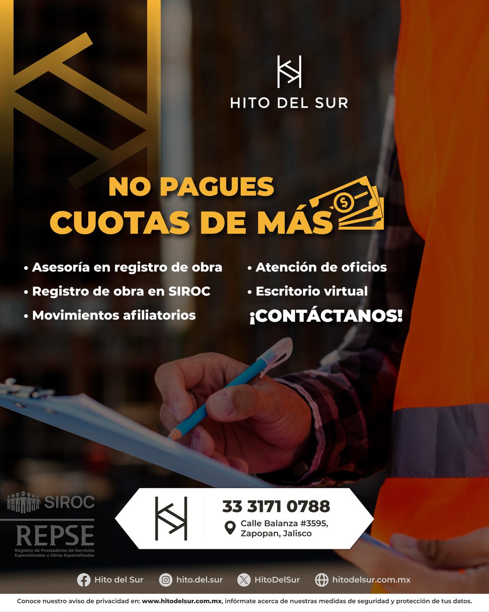 HitoDelSur's tweet image. En Hito del Sur te ayudamos a mantener tu proyecto al día con el SIROC y el REPSE, evitando pagos innecesarios y cumpliendo con todas las obligaciones laborales.📲33 3171 0788
¡Contáctanos y deja que los expertos te asesoren!
#HitoDelSur #SIROC #REPSE #Construcción #GestiónDeObra