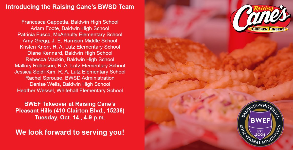 Today's the day! We look forward to serving you at <a href="/raisingcanes/">Raising Cane's</a> in Pleasant Hills from 4-9p!

<a href="/BWSDNews/">Baldwin-Whitehall</a> students: Get your flyers signed for a chance to win prizes!

Help us stuff a bus for the <a href="/BHSActivities/">Baldwin High School</a> Purple Pantry!

Enjoy games &amp; prizes! See you later today!