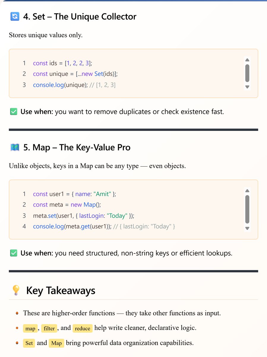amitprasad_21's tweet image. 𝗪𝗲𝗯 𝗗𝗲𝘃 𝗝𝗼𝘂𝗿𝗻𝗲𝘆  𝗗𝗮𝘆-𝟮4
1️⃣ map() → Transform arrays
2️⃣ filter() → Keep what matters
3️⃣ reduce() → Sum it all up
4️⃣ Set → Remove duplicates
5️⃣ Map → Smarter key-value storage
💡 Each one makes your code cleaner, faster &amp;amp; more readable.
#JavaScrip @rohit_negi9