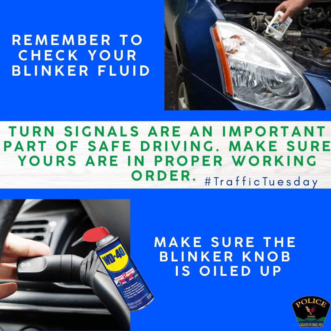GrandForksPD's tweet image. The use of blinkers/turn signals can save lives. They work by showing other drivers your intended lane change or turn. This prepares other drivers on the road for what you want to do. Using these will lead to fewer accidents. #GFPD #GrandForksFinest #communitystrong