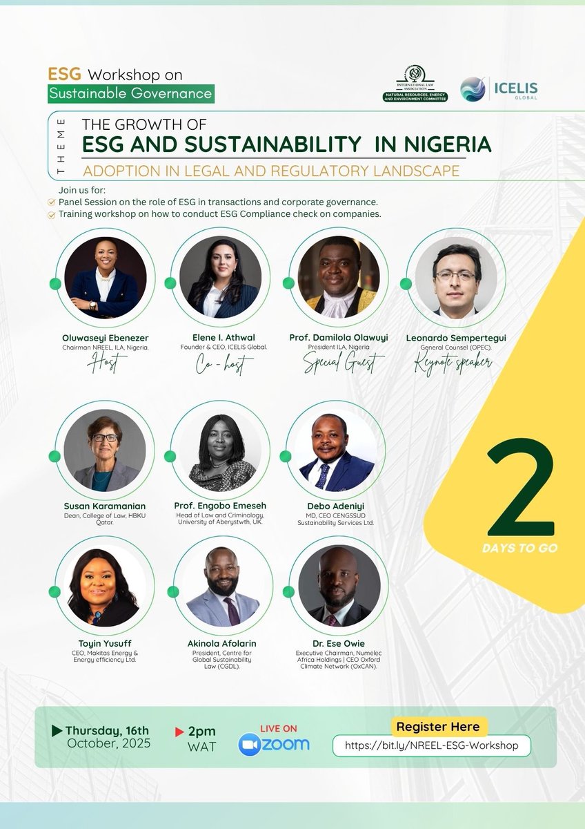 Nreelilang's tweet photo. Tick-tock ⏰
We’re just 2 DAYS away from an incredible ESG workshop designed to unpack how ESG is shaping Nigeria’s legal and corporate future!
October 16th | 2 PM WAT
Location: 📌 Zoom
https://t.co/wmdmJ87lFC
#Nreelcommittee #ICELISglobal #ESGworkshop #ESG #Sustainability https://t.co/IuWE6m5dsw