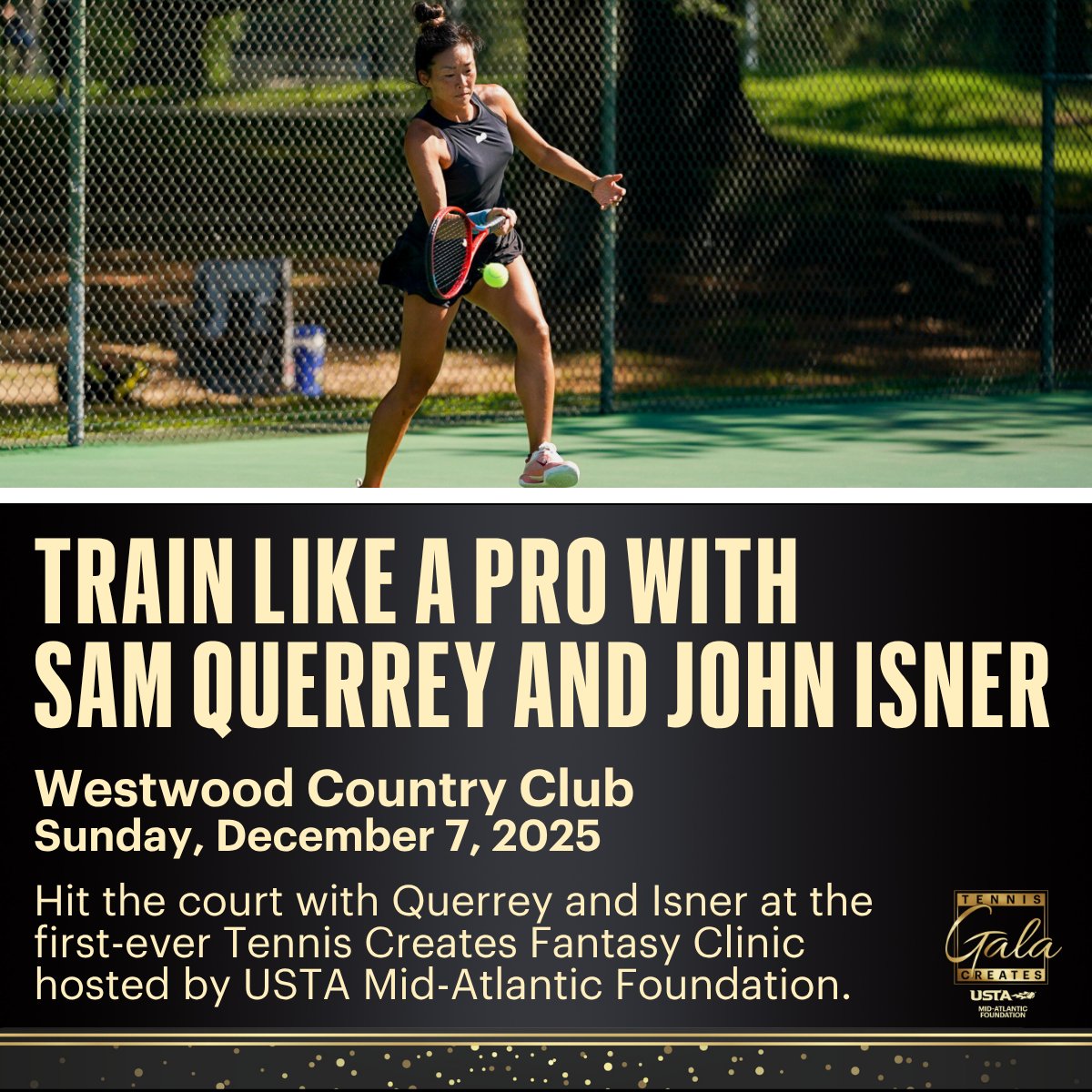 Hit the court with Sam Querrey and John Isner at the Tennis Creates Fantasy Clinic! Spots are extremely limited, so don’t wait.

👀 Not playing? Join the fun as a spectator!

🎟️ Get tickets: vist.ly/4ad2i

#ustamidatlantic #tenniscreatesgala #tennis