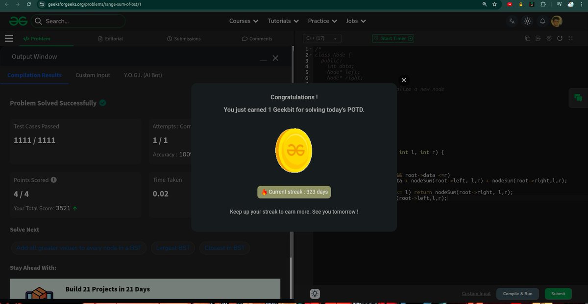 whyamihim's tweet image. Day - 323
Problem - sum of nodes in bst range
#1000daysofcode #geekstreak2025 #gfg