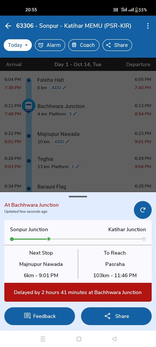 63306 सोनपुर कटिहार सवारी गाड़ी.. को पिछले 1 घंटा से ज्यादा समय से बछवारा स्टेशन पर रोक कर रखा है..
 जब समय से ट्रेन का परिचालन समय से नहीं कर सकते तो ट्रेन को बंद क्यों नहीं कर देते.. 

 क्या पैसेंजर में चलने वाले आदमी इंसान नहीं है..
<a href="/RailwaySeva/">RailwaySeva</a>
<a href="/AshwiniVaishnaw/">Ashwini Vaishnaw</a>
<a href="/drm_sonpur/">DRM SONPUR</a>