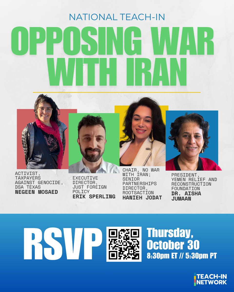 Roots_Action's tweet image. 📅 Teach-In Alert!

RSVP to the Teach-In Network&apos;s upcoming teach-ins now, including Q&amp;amp;A with experts.

Oct 16: Strategies for Nuclear Disarmament bit.ly/48VCa2v 

Oct 30: Opposing War with Iran bit.ly/46ROsYx 

Nov 13: The United States’ Accountability for…