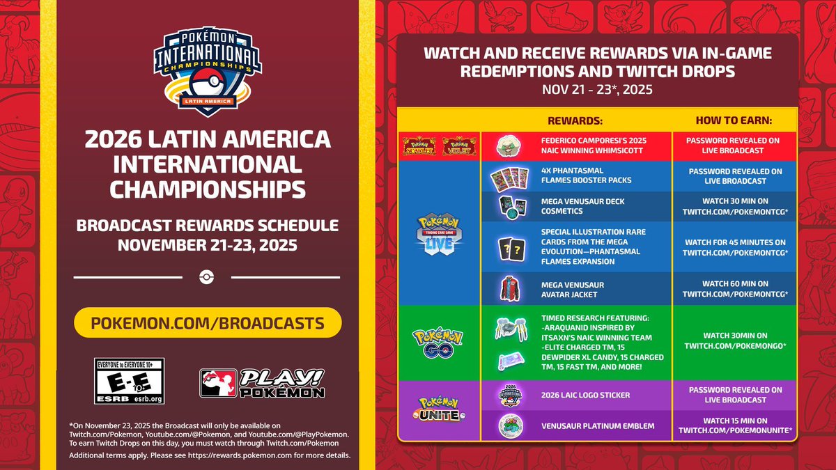 Check out everything you can earn digitally for all our games by tuning in to the #PokemonLAIC broadcast weekend! 🎁