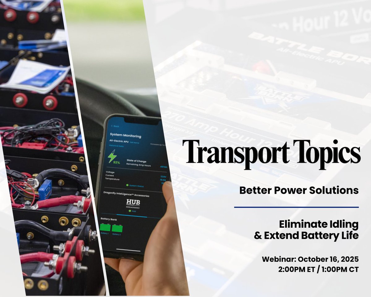 Fuel prices, battery replacements, and idling aren’t just costly — they take a toll on fleet performance and driver satisfaction. Join <a href="/TransportTopics/">Transport Topics</a> for a free webinar on 10/16: Better Power Solutions | Eliminate Idling &amp; Extend Battery Life

Register: bit.ly/48j8cFc