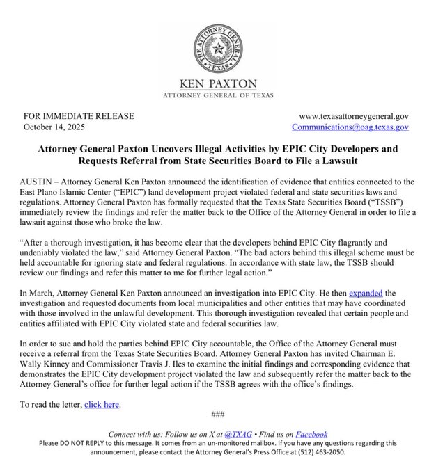 ALERT TEXAS: 🚨 EPIC Scandal in Plano! 

Texas AG Ken Paxton exposes illegal activity tied to the East Plano Islamic Center’s “EPIC City” project.

Developers “flagrantly and undeniably violated the law.”
Paxton is calling for lawsuits and accountability.

Texas is done looking