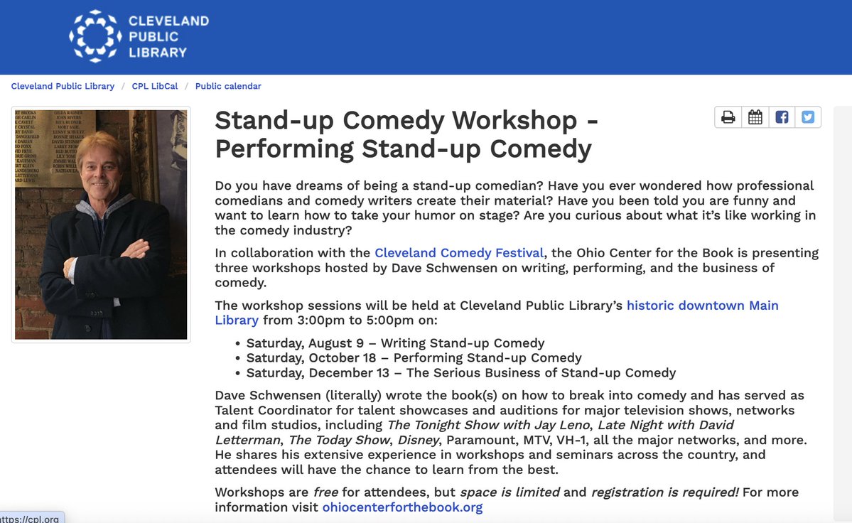 Sat 10-18 @ Cleveland Public Library (Downtown Main Branch) - free (a word that gets attention). Collaboration with the Cleveland Comedy Festival, I'm doing a 2-hour session on performing stand-up comedy beginning at 3 
Here's the registration link...
 cpl.libcal.com/event/13147084