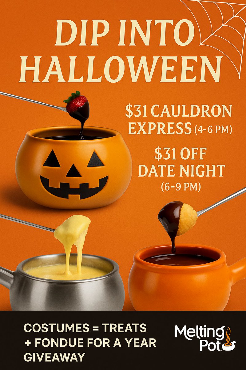 This Halloween, we have the treat! Enjoy spooky savings with $31 specials and enter for your chance to win Fondue for a Year (a $1,300+ value)! Come early for our Cauldron Express and savor cheese + chocolate for two, the perfect quick fondue fix before trick-or-treating.