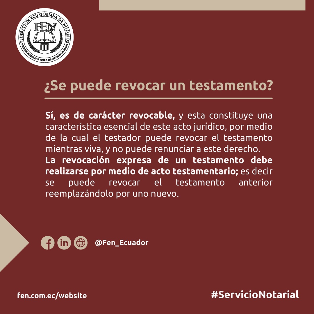 La revocación puede ser total o parcial, según las disposiciones del testador en su nuevo testamento. Infórmese más aquí 👇

#FenInforma #FEN