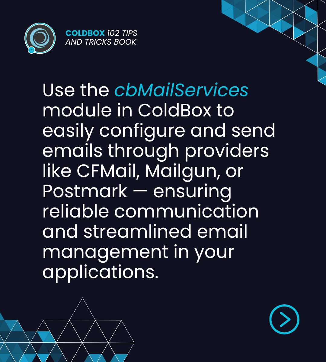 ortussolutions's tweet photo. ✉️ ColdBox Free Tip #9: Mastering Email with cbMailServices
Learn how to configure and use cbMailServices in ColdBox to send emails fluently across protocols like CFMail, Mailgun, Postmark, and more.

🔗 Read more: https://t.co/4yZ5kIsOzd

#ColdBox #cbMailServices #EmailIntegration #CFML #DeveloperTips