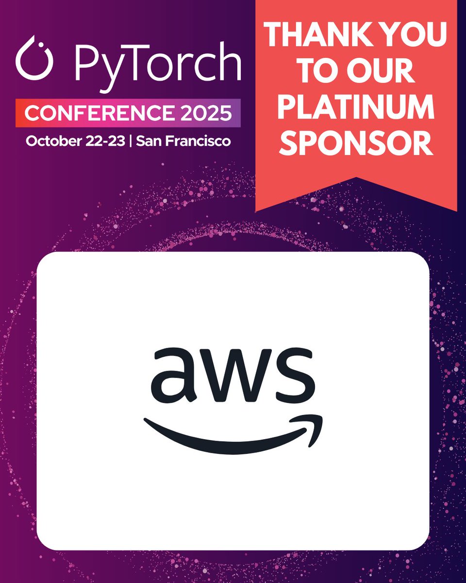 PyTorch's tweet image. A round of applause for our #PyTorchCon platinum sponsor @AWSOpen. Join visionary leaders for keynotes & sessions that will shape the future of #AI October 22-23 in San Francisco. Register: hubs.la/Q03MX-qR0 Schedule: hubs.la/Q03MX_Tt0