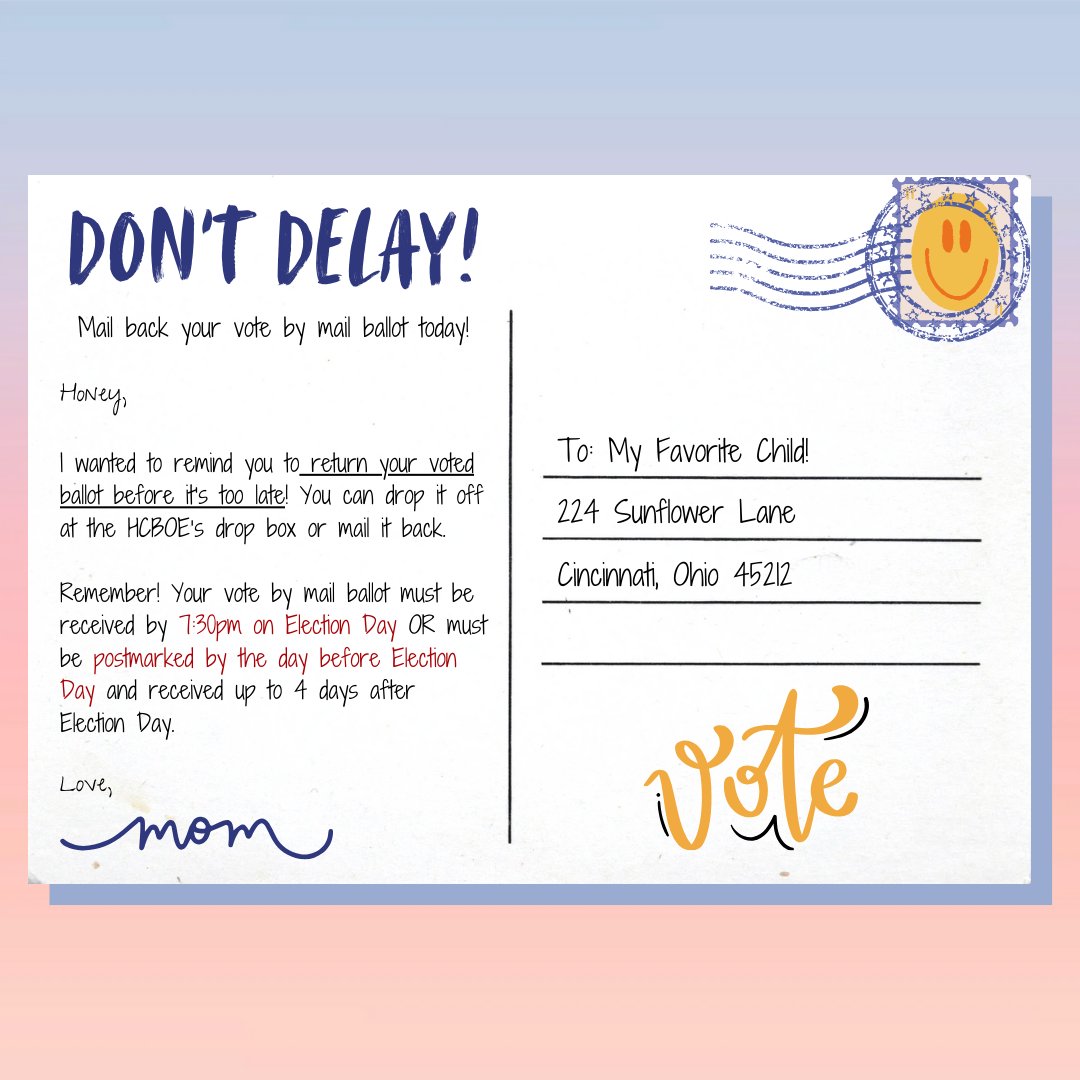 Don’t delay on sending back your vote by mail ballot! Drop it off in the secure drop box at the HCBOE office or mail it back to us. If mailed, you must have your ballot postmarked by November 3 and received at the BOE by November 8th.