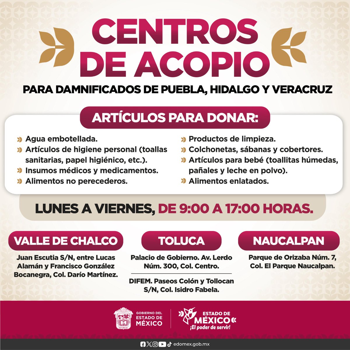 CONEBIedomex's tweet image. #AcopioEdoMéx | Conoce la ubicación de los cuatro centros de acopio en el @Edomex donde podrás llevar tu donativo. Tu ayuda brinda esperanza a quienes han perdido todo en Puebla, Hidalgo y Veracruz. Puedes acudir de lunes a viernes, de 9:00 a 17:00 horas.
#ElPoderDeServir