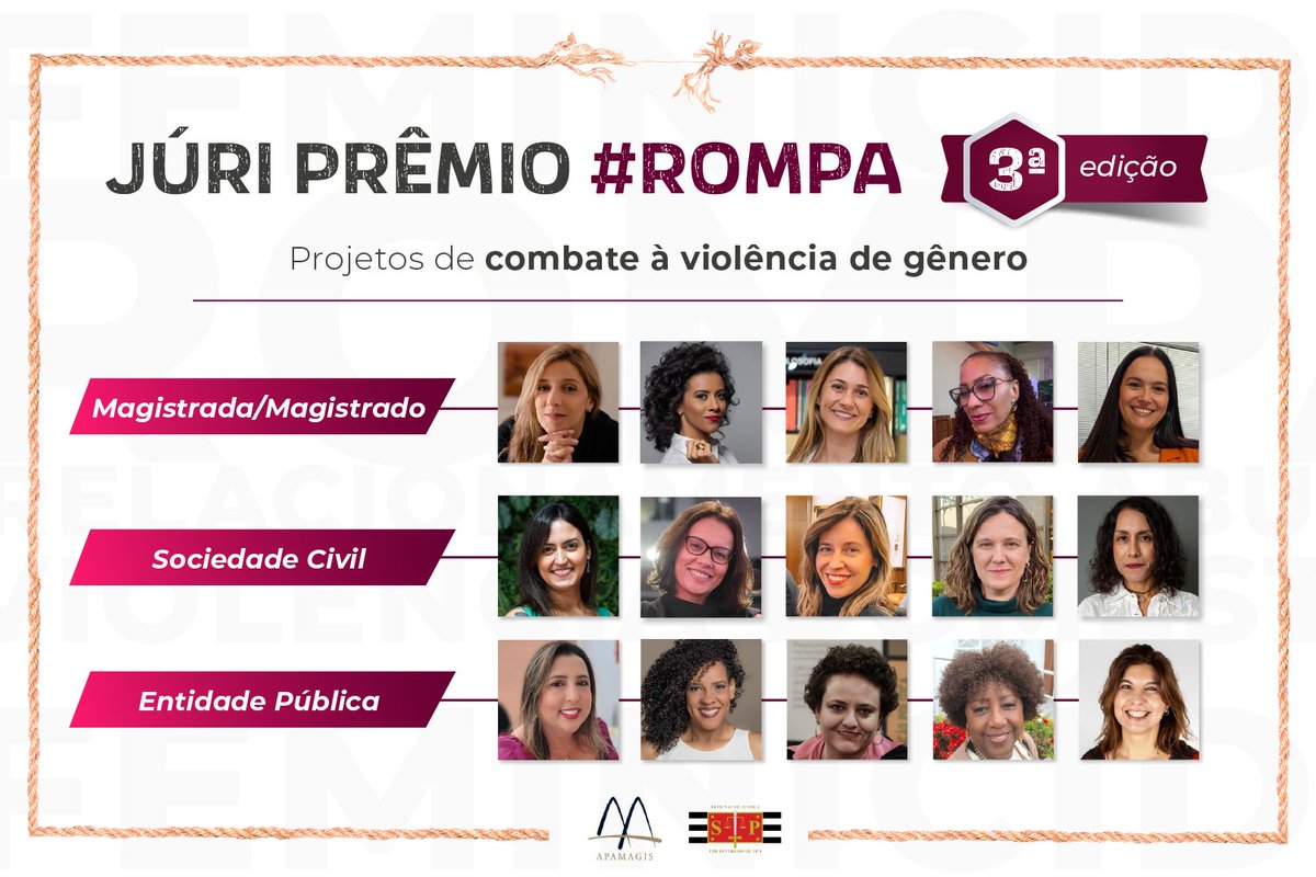 TJSPoficial's tweet image. Conheça as 15 juradas do 3º Prêmio #Rompa: tinyurl.com/3z65abha #PrêmioRompa #TJSP #Apamagis #ViolênciadeGênero #TJSPPorPessoas #TJSPParaPessoas #RedesSociaisTJSP #SocialMedia #MídiasSociais