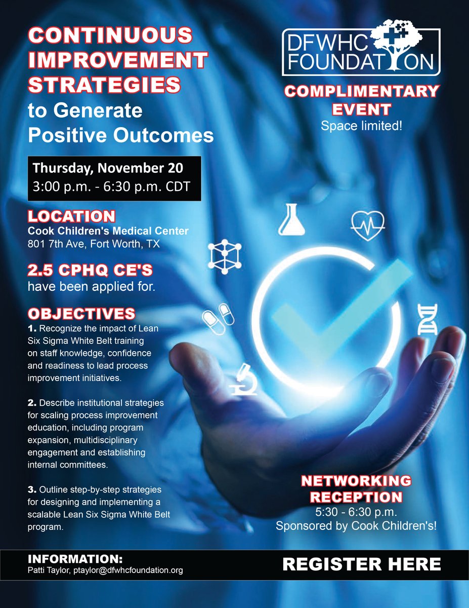 <a href="/DFWHCF/">DFWHCFoundation</a> to host second PI event of the year on Nov. 20! #educationalevent #healthcareindustry #performanceimprovement 
dfwhcfoundation.org/foundation-to-…