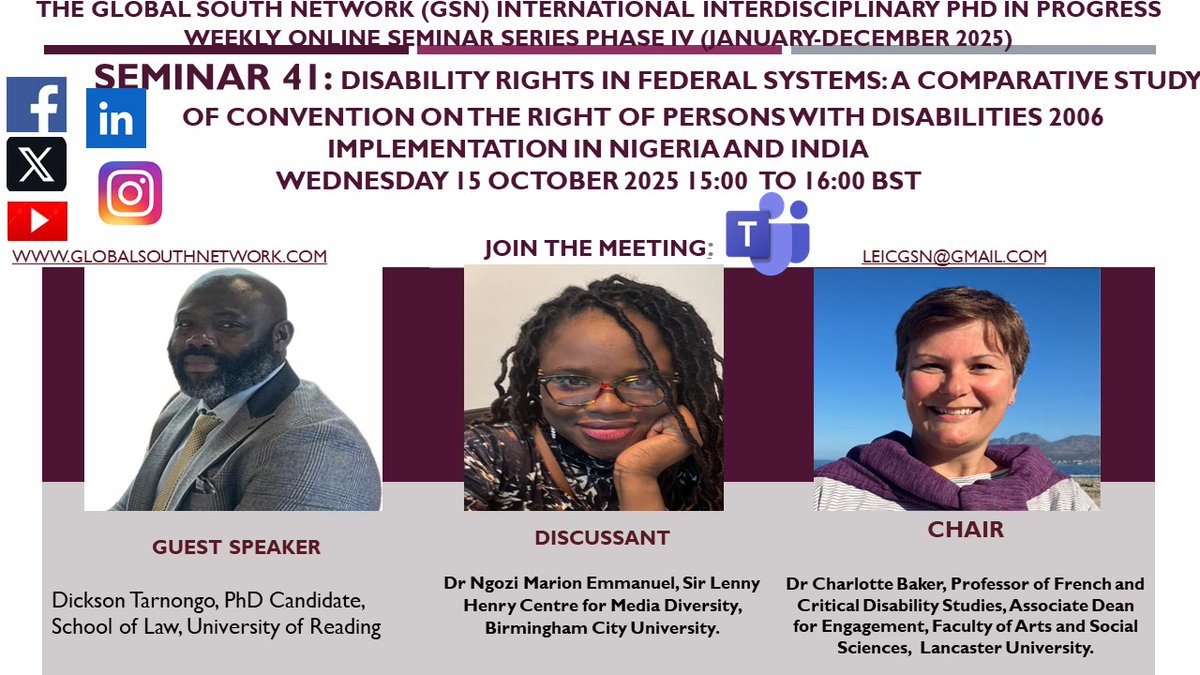 GLOBALSOUTHNET2's tweet image. HAPPENING TOMORROW:

To join the meeting and receive the link, write at leicgsn@gmail.com

#Africa #Nigeria #Disability #InternationalLaw #UniversityofLeicester #Leicester #GlobalSouth #India #PhD #PhDposition #phdlife #phddissertationhelp #law #phdinprogress #globalsouthnetwork