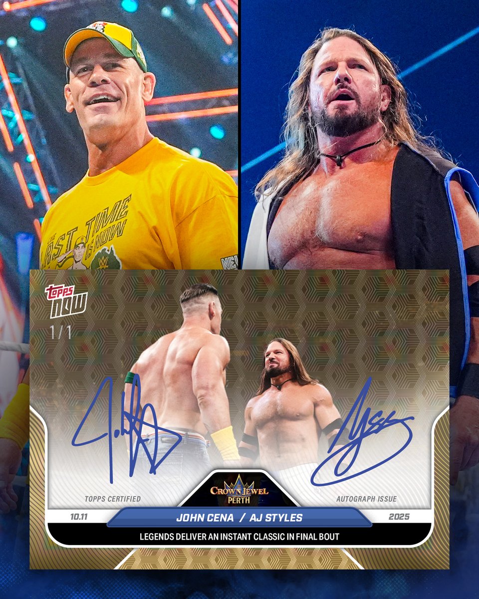 Topps's tweet photo. This John Cena &amp; AJ Styles dual autograph... Wow. https://t.co/xwoMymkRf1