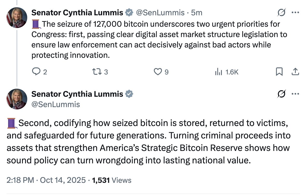BitcoinMagazine's tweet image. JUST IN: Senator Cynthia Lummis says the 127,000 #Bitcoin seized today can "strengthen America's Strategic Bitcoin Reserve" 🇺🇸