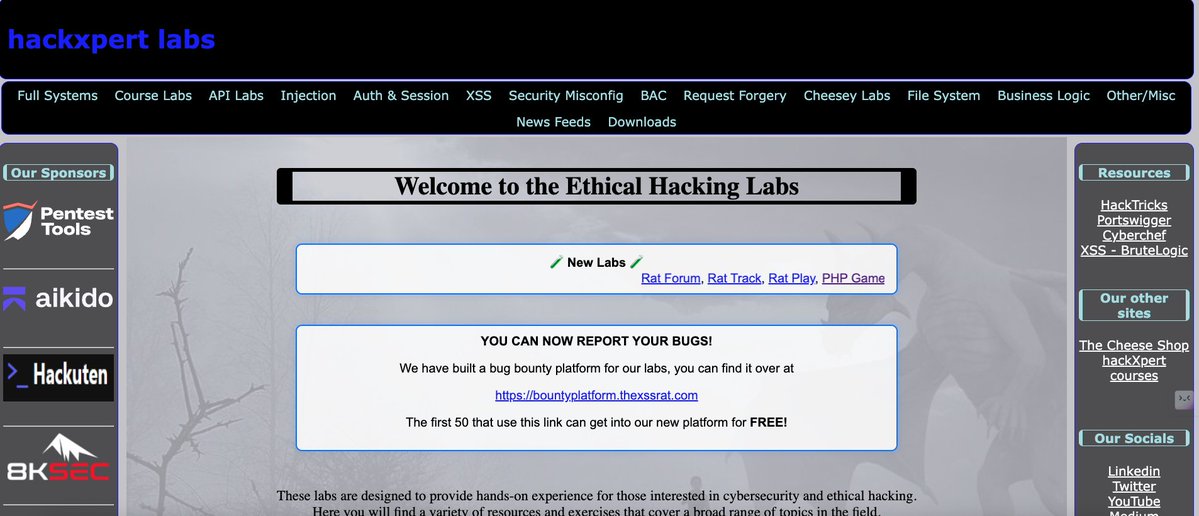 theXSSrat's tweet image. labs.hackxpert.com
Over 150 smaller labs
XSS Playgrounds
9! Full size labs
FREE!