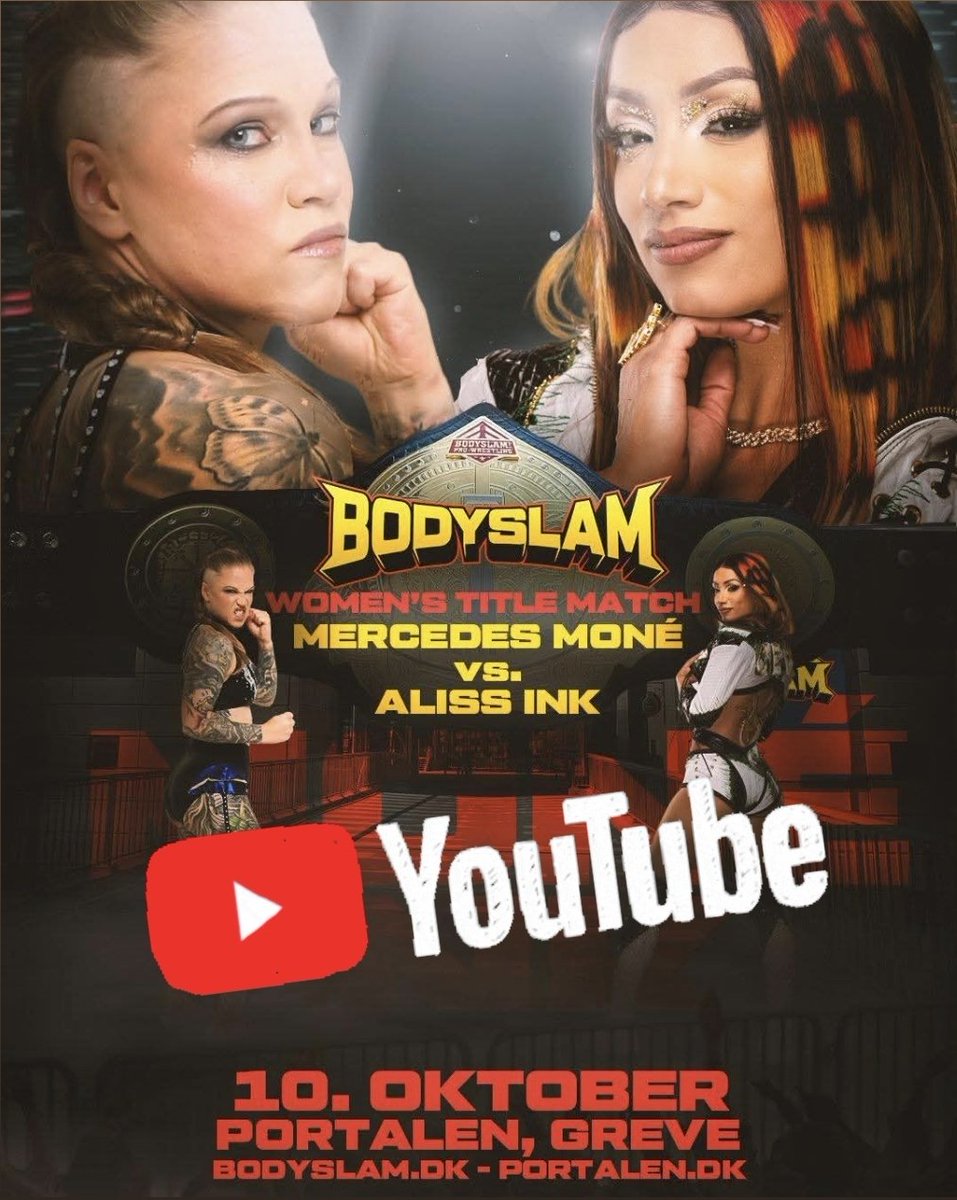 It was HUGE match in Denmark last weekend:
Mercedes Moné going for her 10th belt against Bodyslam Women’s Champion Aliss Ink!
Watch it for FREE on YouTube!

youtu.be/0SWzCy_z8j0?si…