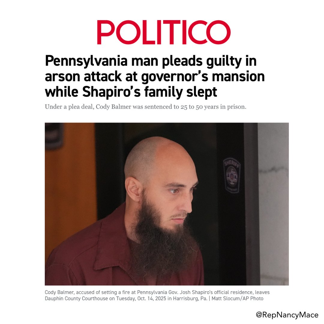 We stand united in condemning the violent arson attack on Governor Josh Shapiro’s residence.

Cody Balmer pled guilty today after scaling security fences, firebombing the Governor’s home, and endangering his family and law enforcement.

His 25-to-50-year sentence is justice