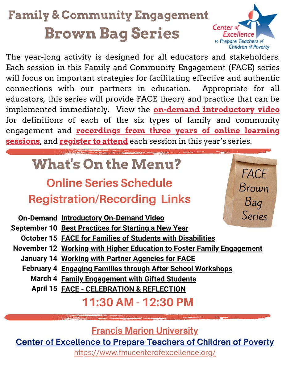 CenterofExcel's tweet image. Join us tomorrow to learn more about family and community engagement - Live &amp;amp; Free online at 11:30. 
fmarion-edu.zoom.us/meeting/regist…