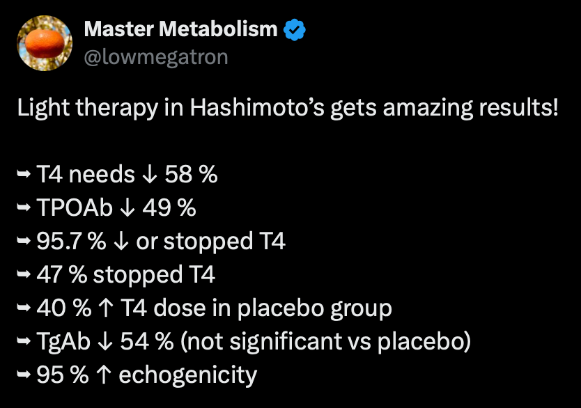lowmegatron's tweet image. Up to 8 minutes on each side of the thyroid today, ~1.5 inches distance.
I will repeat 2-3 times/week from here on. I plan to recheck antibodies in 4–6 weeks unless something changes before then.