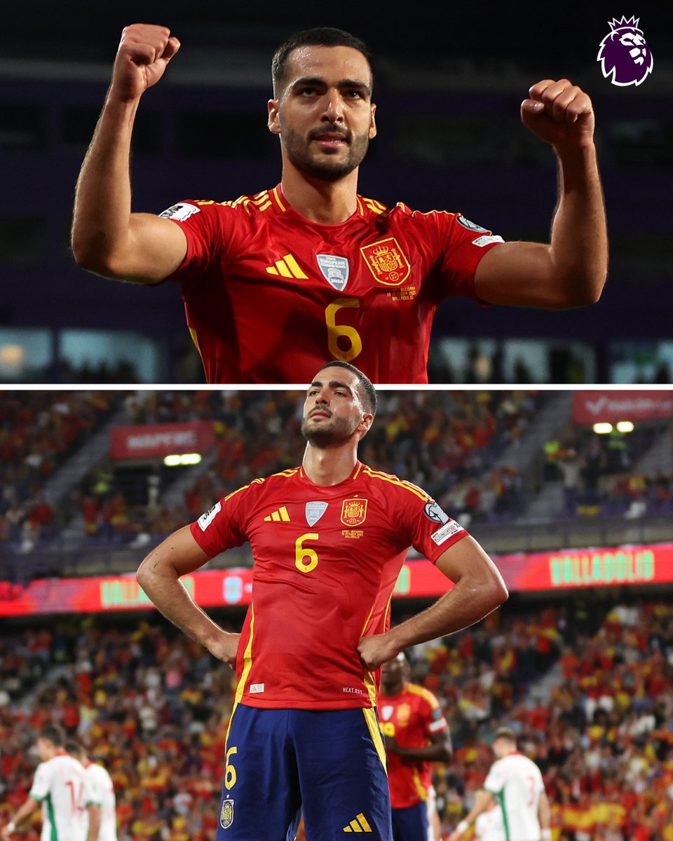 premierleague's tweet image. 🇪🇸 @Arsenal midfielder Mikel Merino has scored SIX goals in his last four Spain matches!
⚽️⚽️ v Bulgaria
❌ v Georgia
⚽️⚽️⚽️ v Turkey
⚽️ v Bulgaria