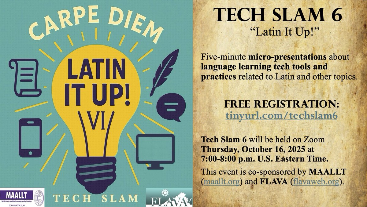 MAALLT's tweet image. 💡Don&apos;t miss your chance to attend Tech Slam 6!  Join us this Thursday, Oct. 16 @ 7pm Eastern for bite-sized talks about language learning technologies for Latin &amp;amp; other languages.  Registration is free: tinyurl.com/techslam6

#LanguageEd #EdTech #langchat #MFLTwitterati #IALLT