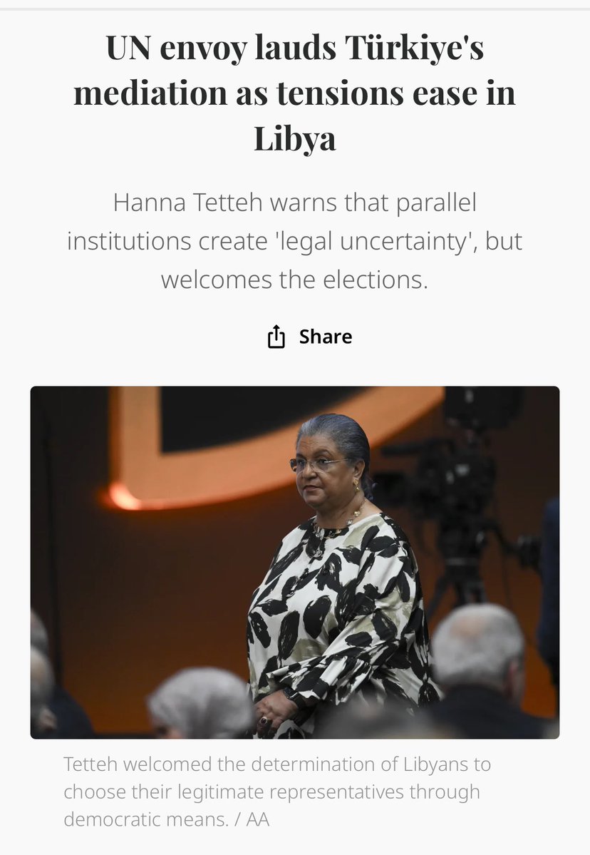 🔴 The UN Special Representative for Libya : Hanna Tetteh has told the Security Council that tensions have eased in the country, mainly due to the efforts by Türkiye 🇹🇷 who she has singled out in Commending the intervention by the Turkish 🇹🇷state who facilitated the talks.