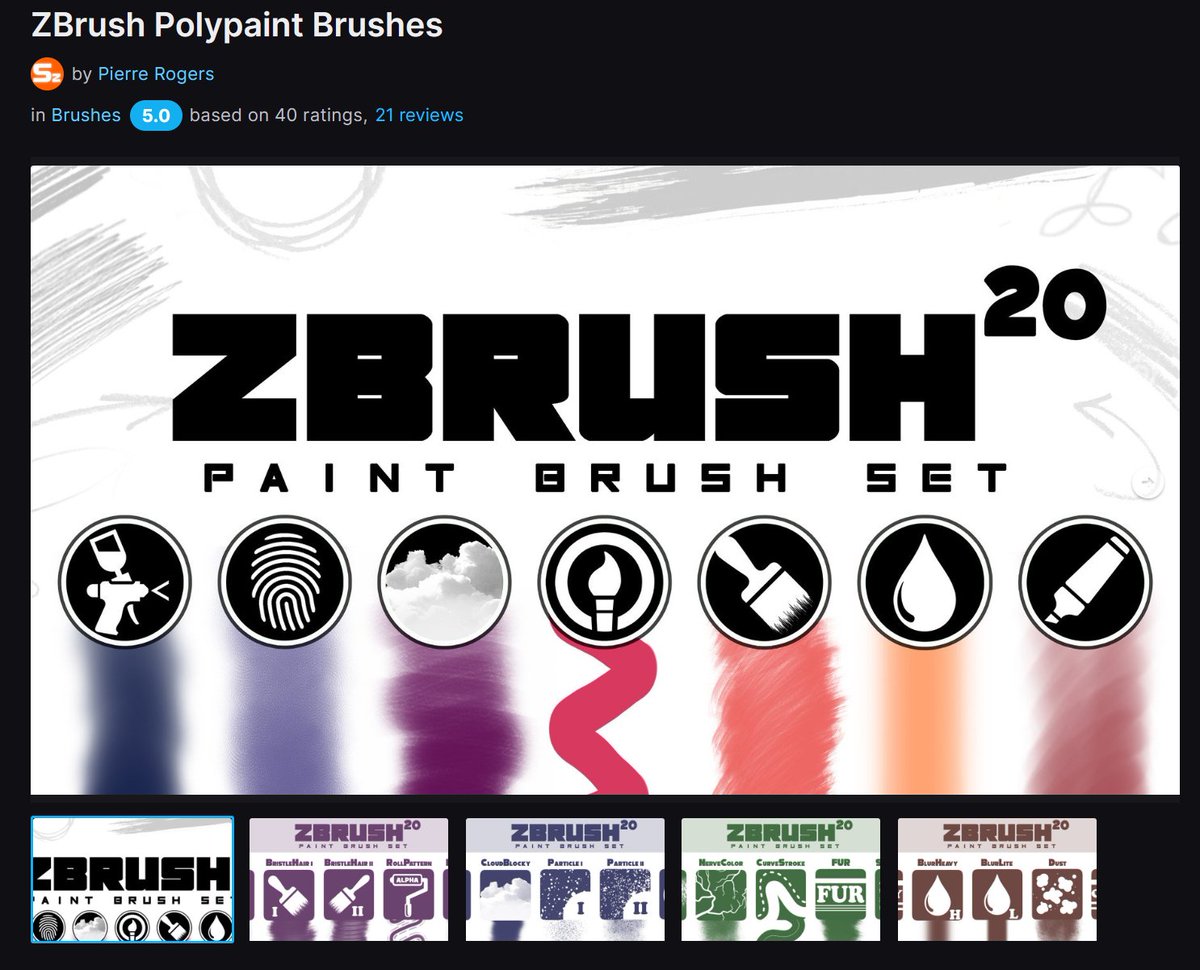 I just got this set of brushes for polypainting in ZBrush on ArtStation. This is a game-changer. Made by this guy <a href="/Sketchzombie/">Pierre Rogers</a>, this will reduce my time in Substance Painter for sure. link to to the brush on ArtStation in the comments below