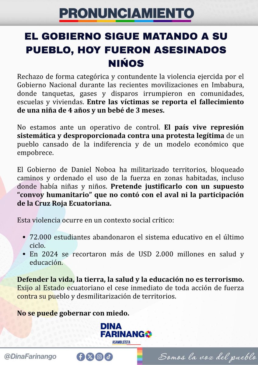 DinaFarinangoEc's tweet photo. 🚨URGENTE| La masacre debe parar de manera inmediata 

🔴Condeno de manera contundente la violencia estatal contra los niños, niñas y adolescentes en Imbabura

⚠️Dejen de gobernar desde el miedo

#AsambleaNacional
#ParoNacional2025 
#DinaFarinango https://t.co/8y9Uut9pEQ