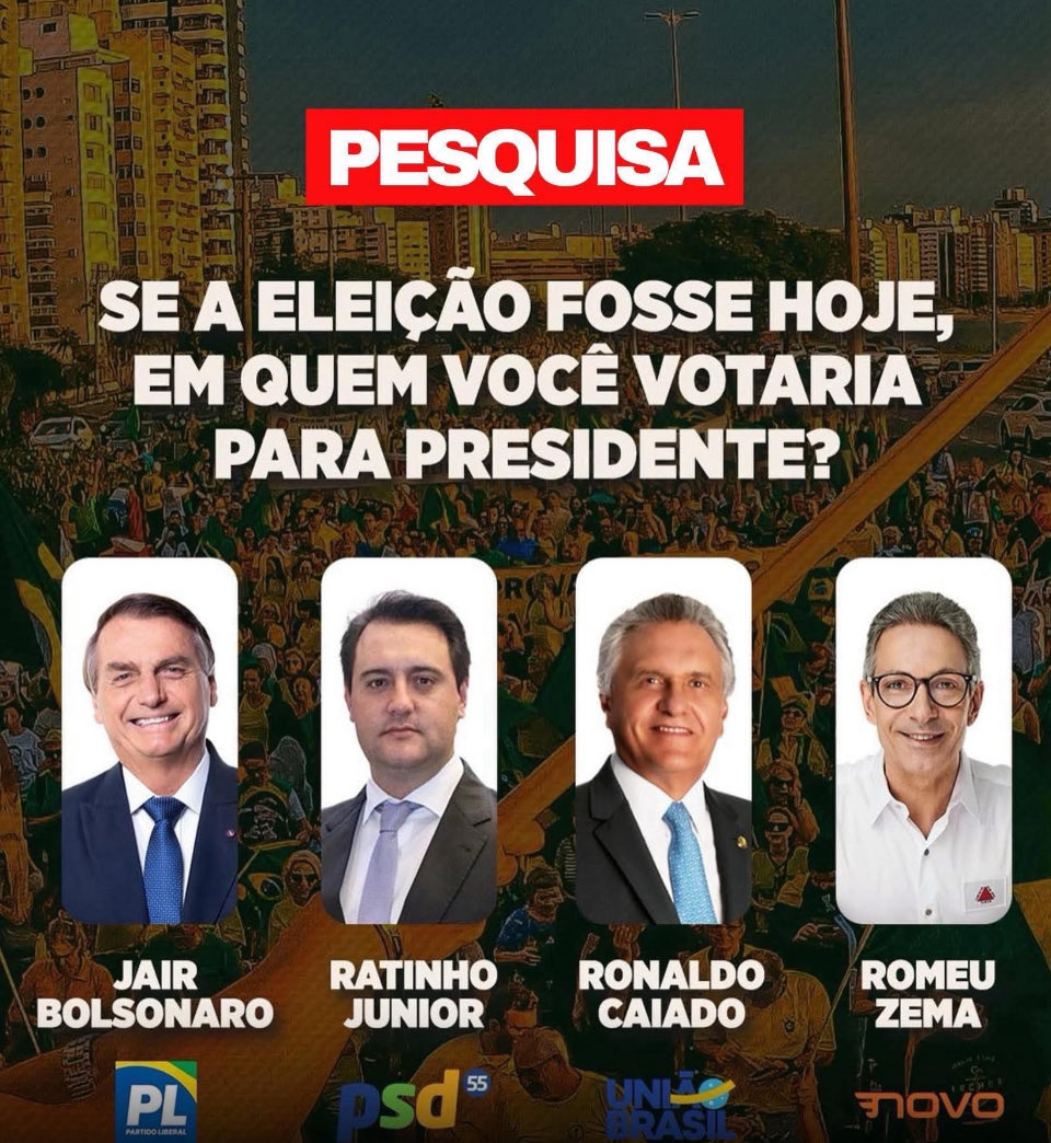 Chefcarolinavi1's tweet photo. E aí , em quem você votaria?
1- Jair Bolsonaro 
2- Ratinho Junior 
3- Ronaldo Caiado 
4- Zema https://t.co/eCsEBlBJjt