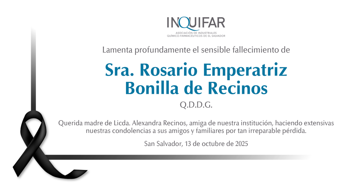 inquifar's tweet photo. Lamentamos profundamente el fallecimiento de la Sra. Rosario de Recinos, madre de Licda. Alexandra Recinos. Extendemos nuestras más sinceras condolencias a ella y seres queridos. 🕊️ https://t.co/0qFJHpFrYL