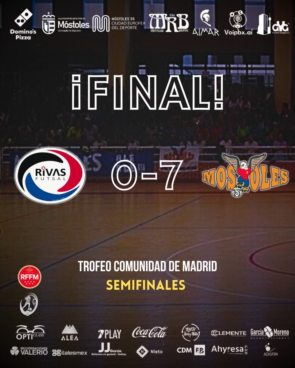 FINAL

Se acabó el partido, estamos en la final del Trofeo Comunidad de Madrid.

<a href="/cdrivasfutsal/">C.D. Rivas Futsal</a> 0-7 <a href="/FSFMostoles/">MRB MÓSTOLES FSF</a> 

#VamosMóstoles 🤍🦅🖤