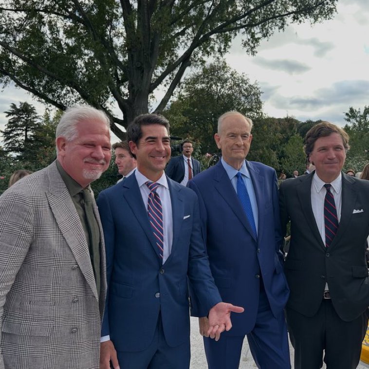 SaveUSAKitty's tweet photo. Glenn Beck, Jesse Watters, Bill O’Reilly and Tucker Carlson attend the Presidential Medal of Freedom ceremony for Charlie Kirk in the White House Rose Garden 🙏🏻🇺🇸🌹 https://t.co/5rRwlPHqOP