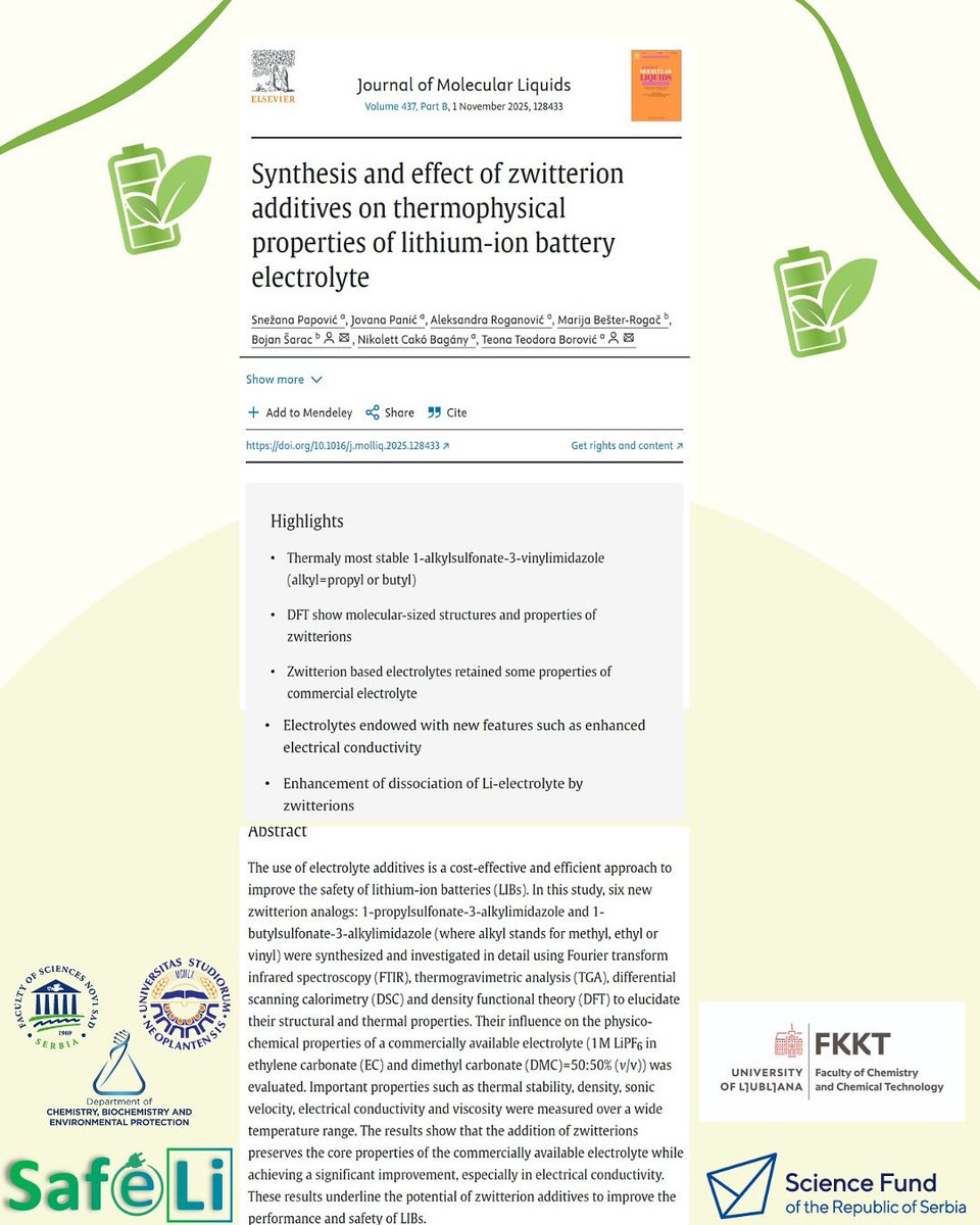 safeLi_project's tweet image. 💡 New Scientific Milestone!

We’re thrilled to share that our latest paper is now published in the Journal of Molecular Liquids! ✨
📄 “Synthesis and effect of zwitterion additives on thermophysical properties of lithium-ion battery electrolyte.”