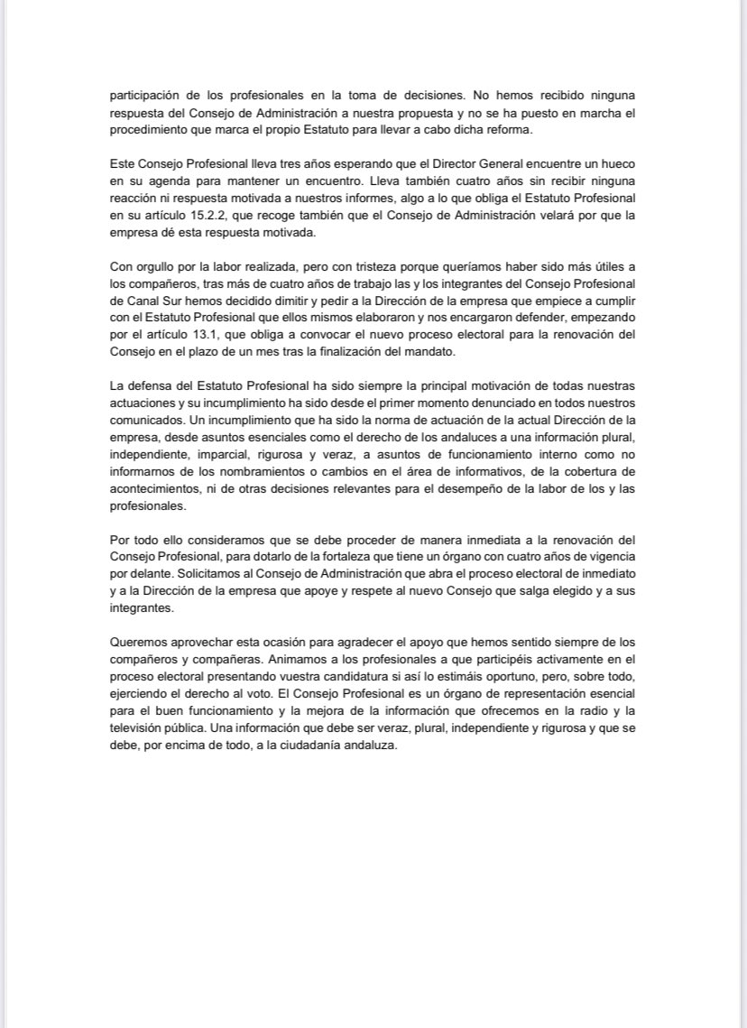Dir de Informativos de #CanalSur no nos recibe por tener el mandato caducado.
Consejo de Admon no tramita la reforma del Estatuto que presentamos.
Dtor Gral no tiene hueco en su agenda en 2 años.
Hemos aguantado 6 meses en funciones, necesitamos un <a href="/ConsejoRTVA/">Consejo Profesional RTVA</a> fuerte.
Dimitimos